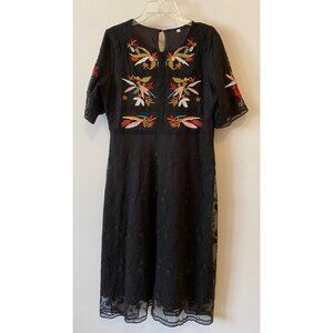 Embroidered Black Lace Shift Dress Floral Pattern Medium